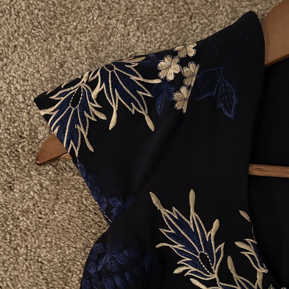 Badgley Mischka Navy Midi Dress with White & Blue Embroidered Floral Print - Picture 4 of 16
